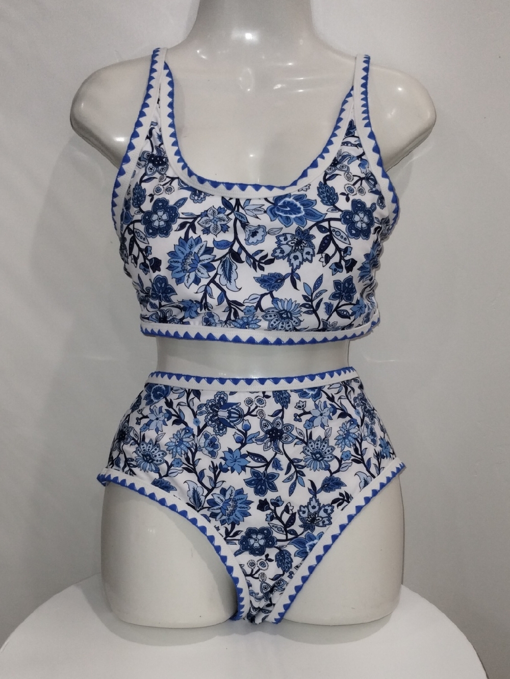 Blue Floral High-Waist Bikini Set - Women Swim